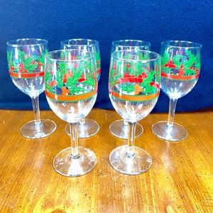 Vintage Libbey Holly Berry Red Band 7” Wine Glasses Set of 6